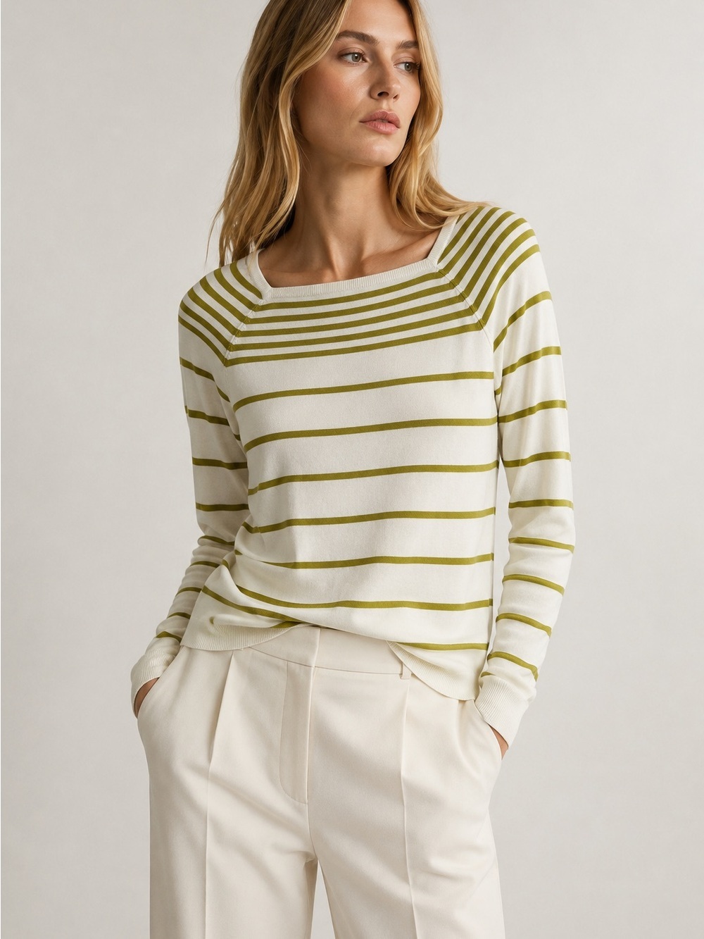 Reiss Davina Stripe Fine Knit Sweater Cirrus Green Ivory NWT S